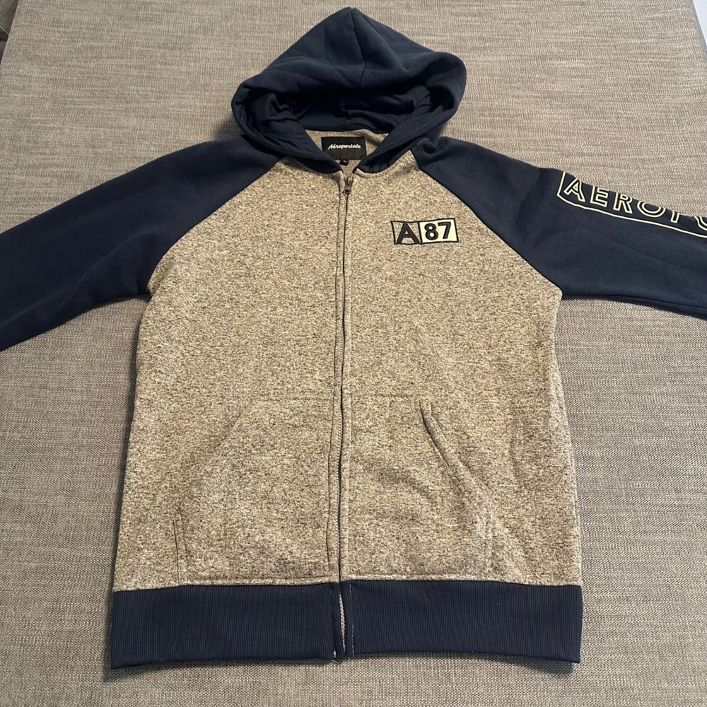 Aeropostale Full Zip Hoodie Mens Large Grey Navy Blue  A87 Raglan Logo